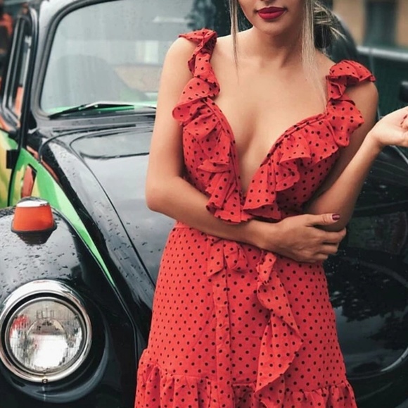 MK Boutique Dresses & Skirts - Last L! Red Polka Dot Cold Shoulder Ruffles Dress